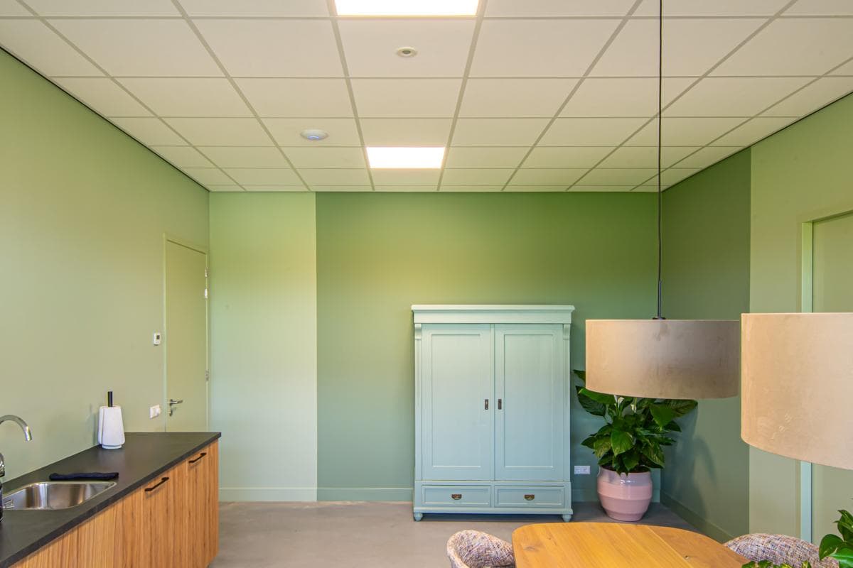 Woonruimte met strak gesausde muren in een groene kleur